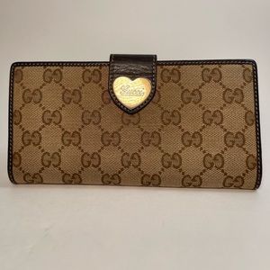 AUTHENTIC Gucci GG Brown Leather Canvas Heart Continental Wallet